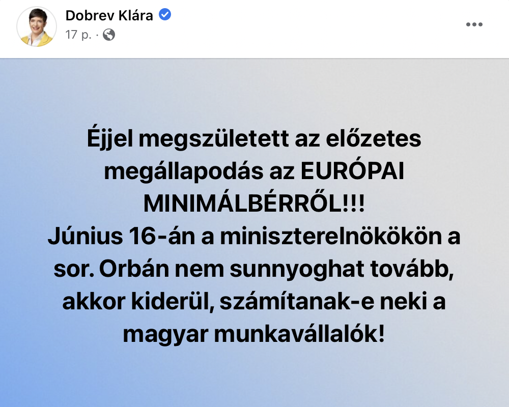 Dobrev Klára Facebook-bejegyzése, megállapodás az európai minimálbérről