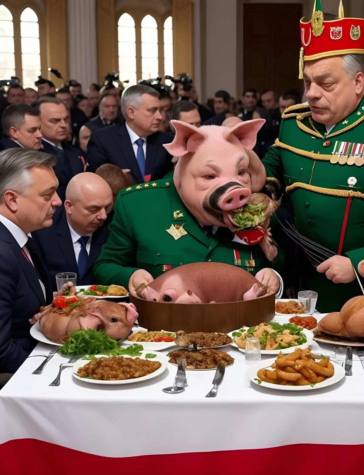 Orbán Viktor és a disznófejű nagyúr esznek.