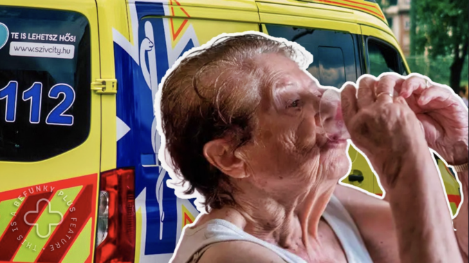 Pokoli hőség van, vigyázniuk kell az időseknek. A képen egy mentőautó és egy idős nő, aki épp vizet iszik.